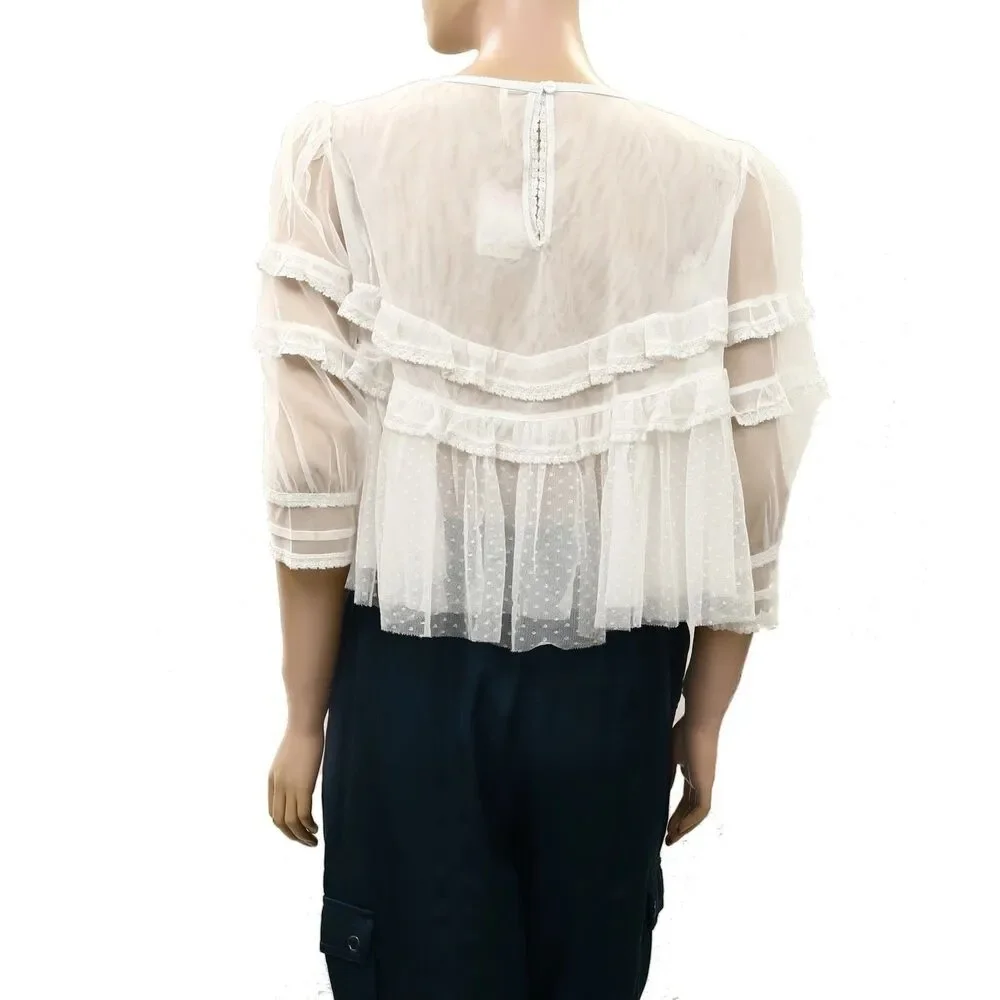 Free People Daisy Daze Blouse Top Ruffle Embroidered Lace Sheer Sequin XS 289937